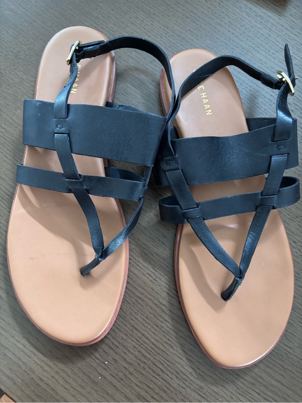 Cole Haan Black Leather Multi-Strap Sandals with Tan Footbed